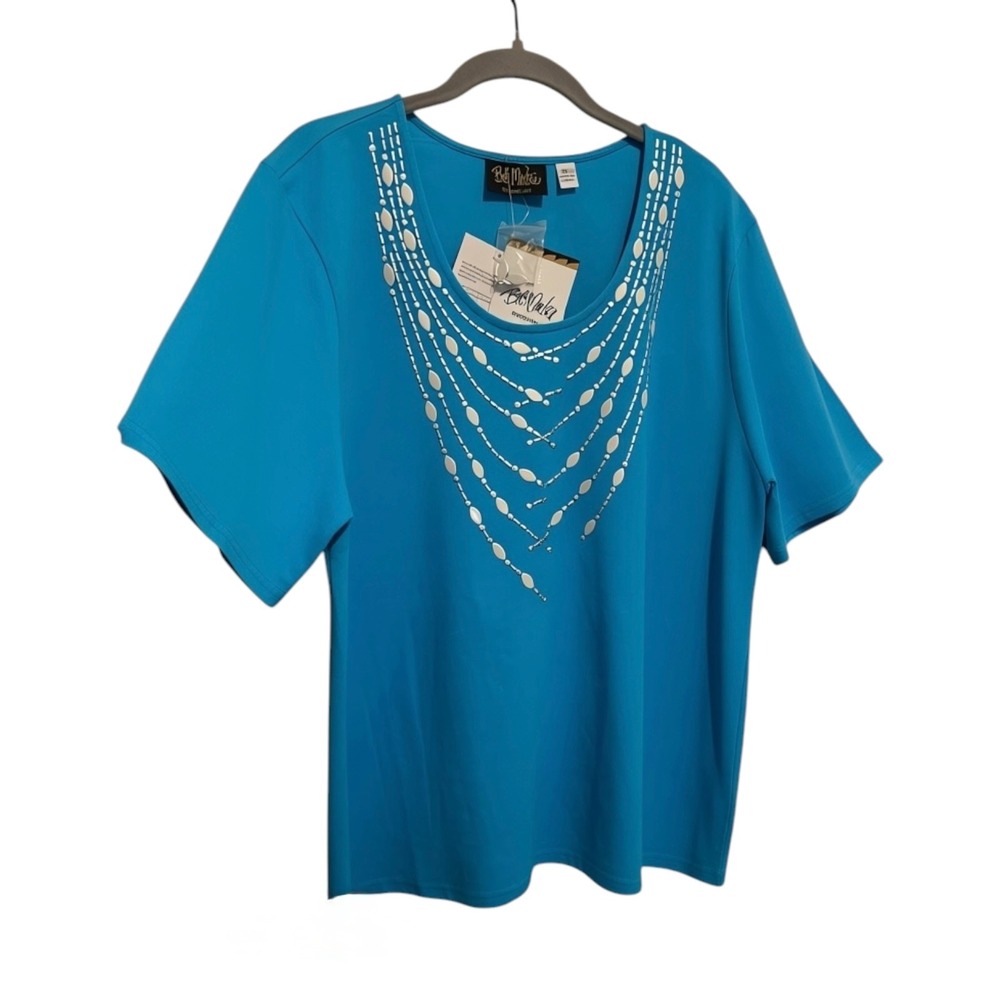 Bob Mackie Top Women's XL Aqua Beaded Trompe L'oeil Necklace Wearable Art Artsy